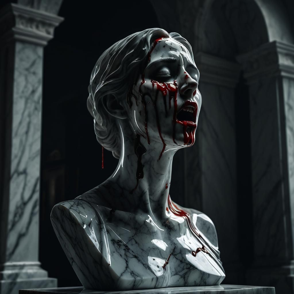 Eerie Marble Bust with Bloody Tears: Gothic Horror