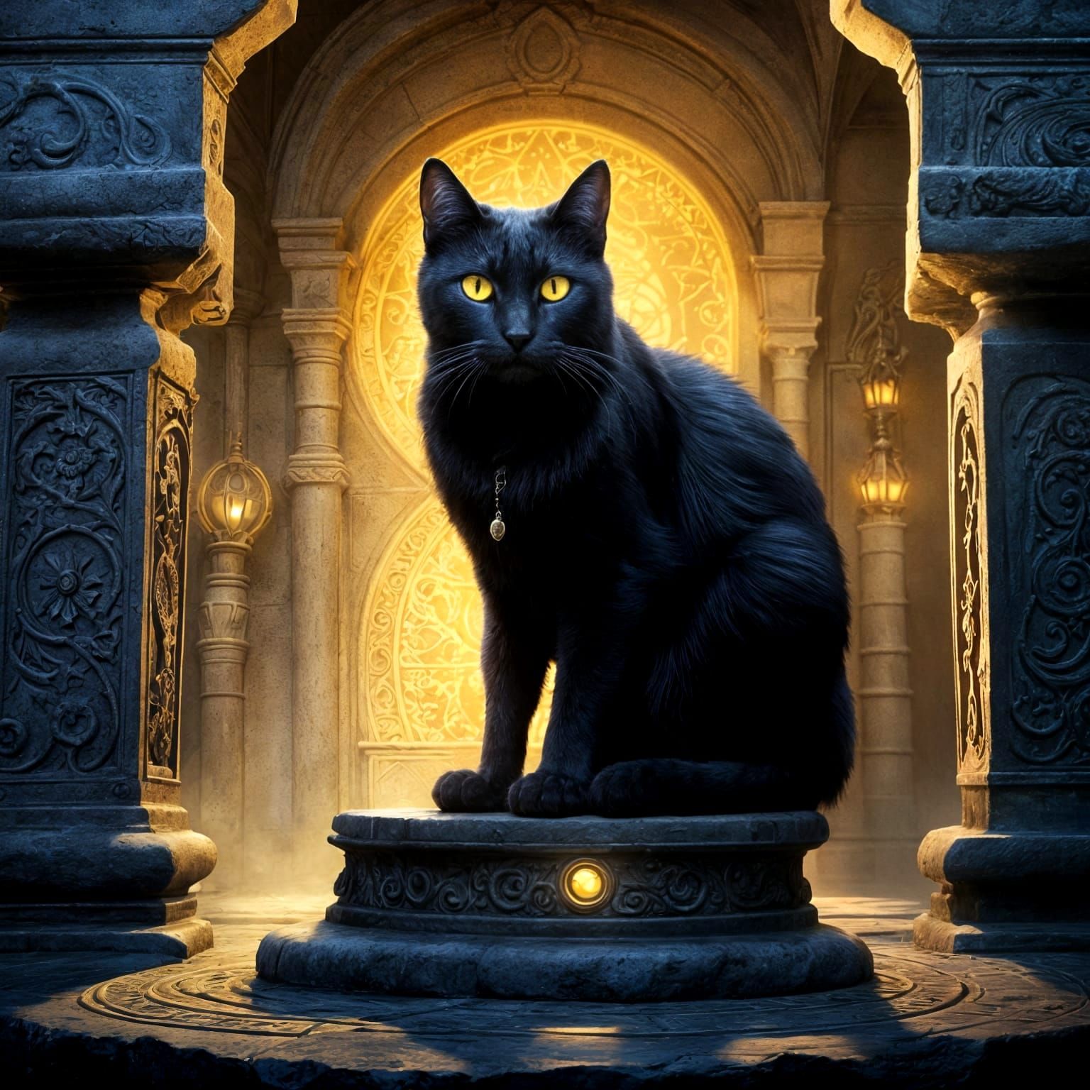 Intricate Black Cat Portrait with Yellow Eyes