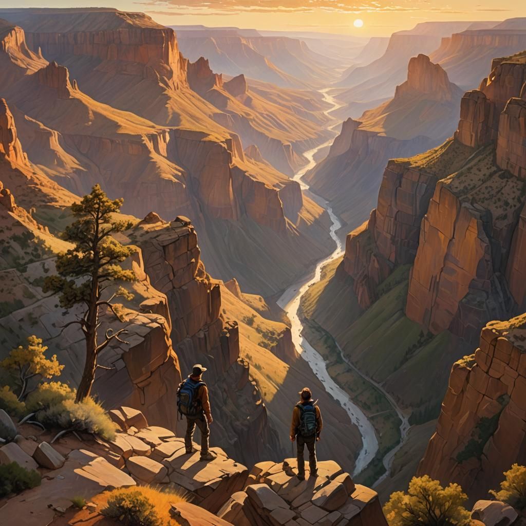 Lone Hiker in Canyon Landscape Painting