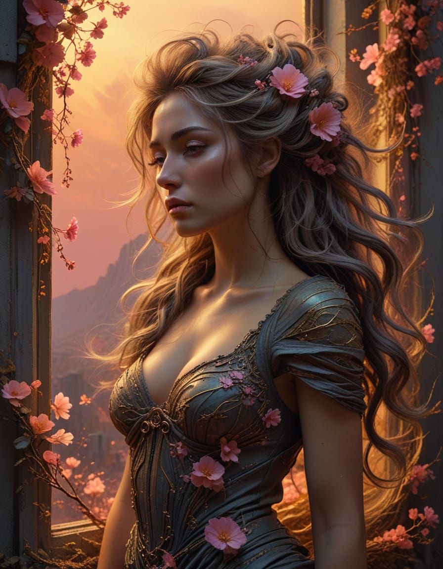 Dreamy Woman with Flowers: Surreal Matte Painting