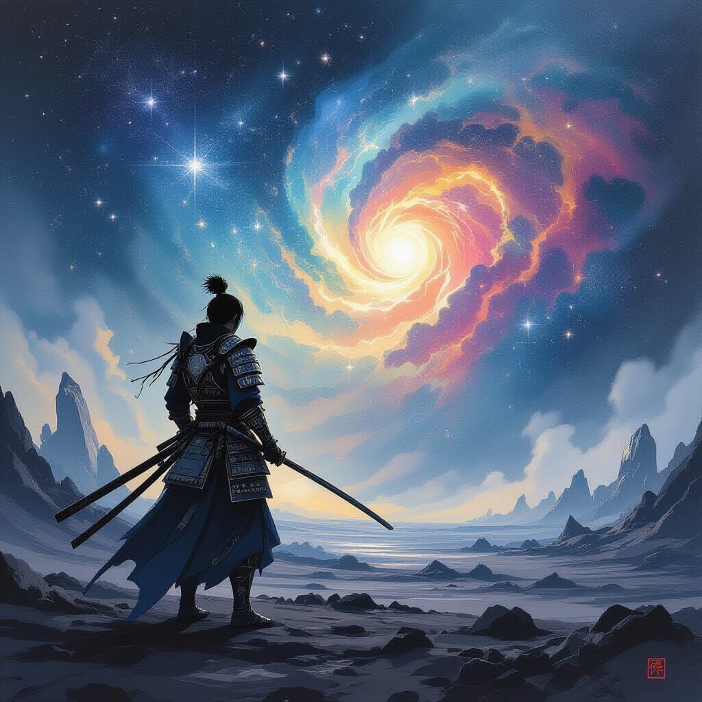 Samurai Warrior on Alien Planet Under Cosmic Nebula