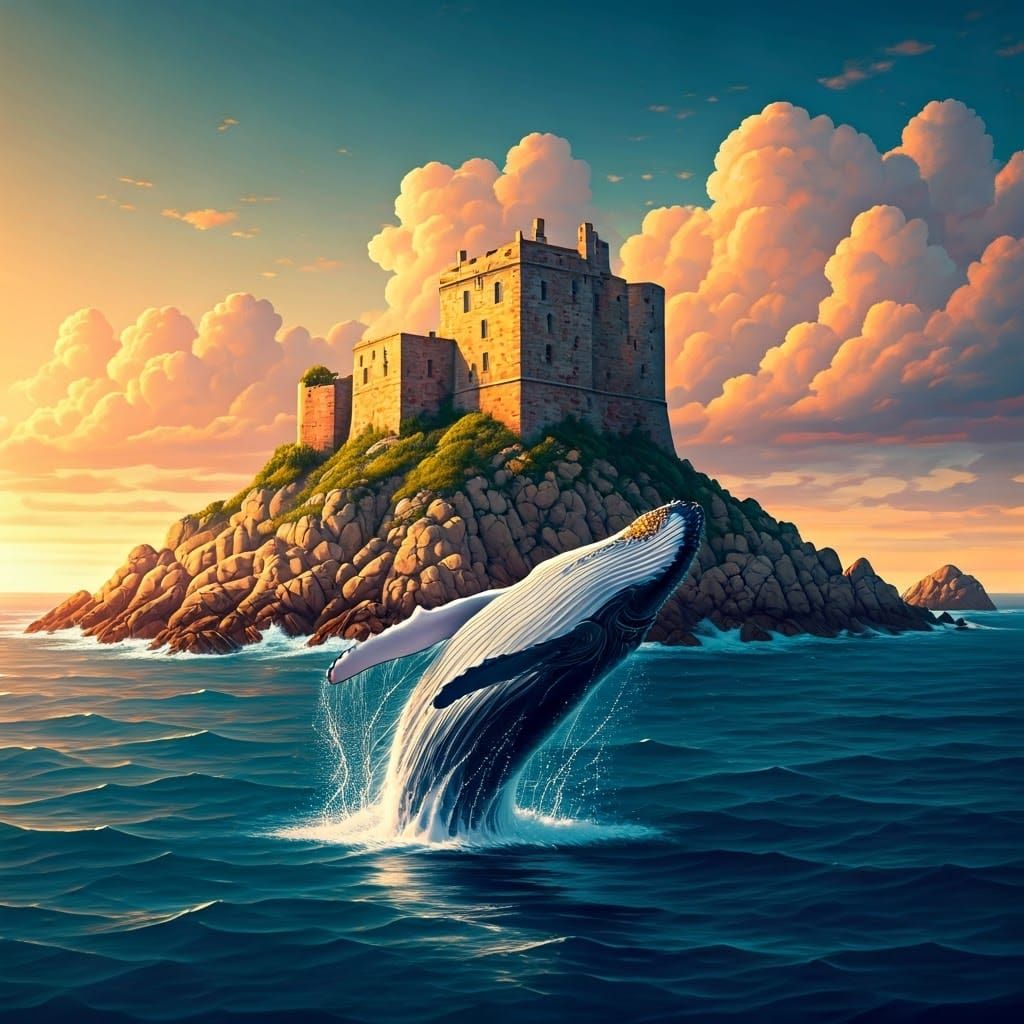 Whale Breaches Against Sunset-Lit Lighthouse in a Romantic-E...