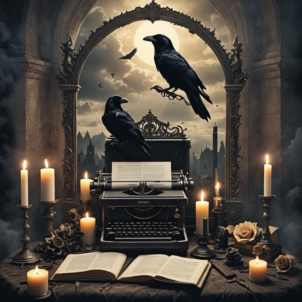 Gothic Album Cover Scene with Raven and Typewriter