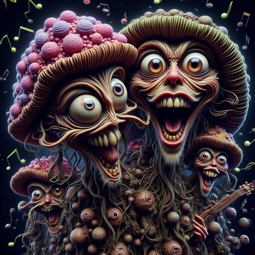Mushroom Rock Band in Playful Surrealist Style