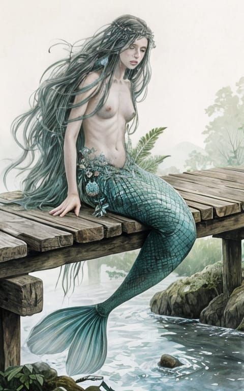 Mermaid Portrait with Bioluminescent Flora in Watercolor Sty...