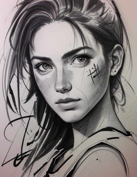 Ink Portrait of a Girl in a Raw, Expressive Style