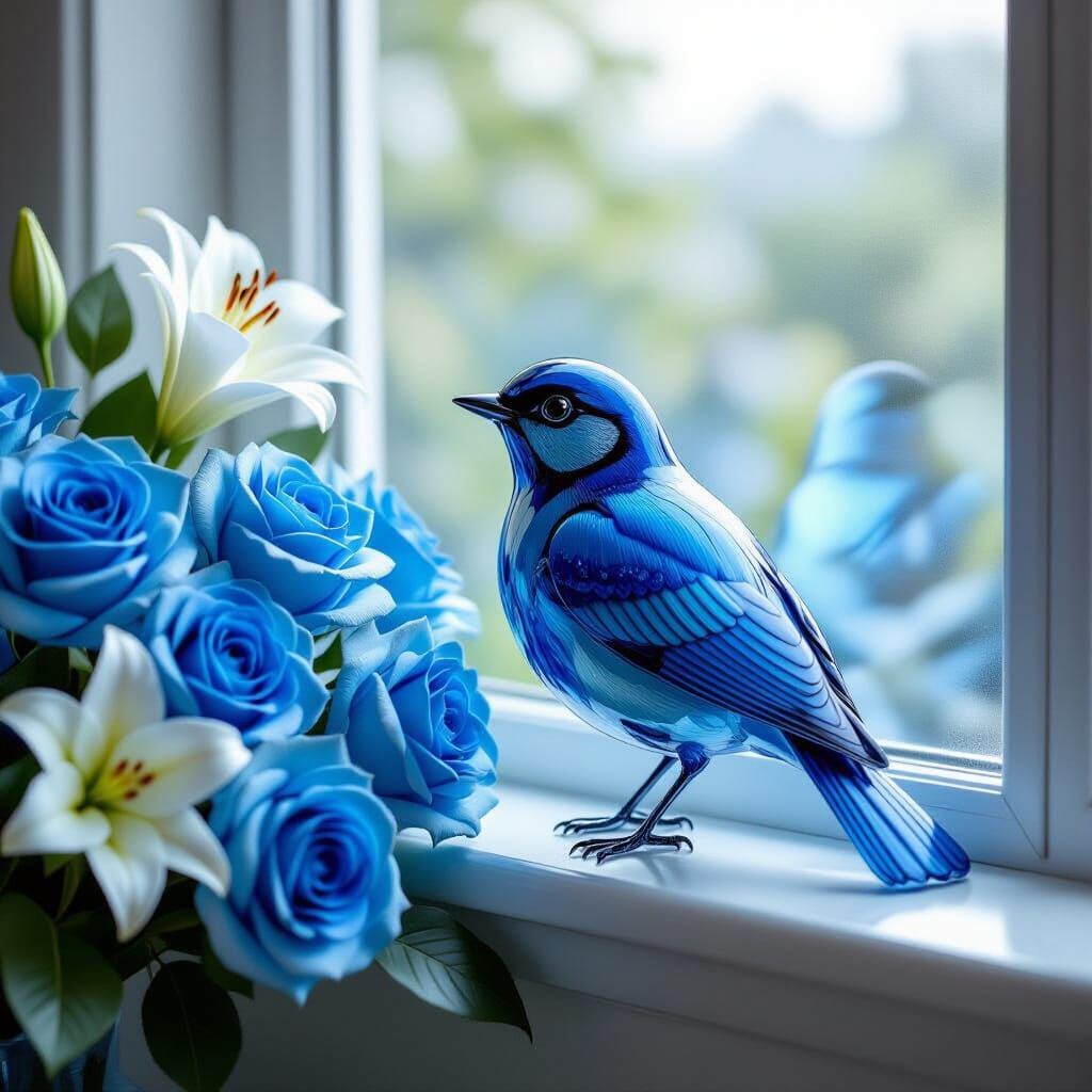 Glass Bluebird Sculpture with Floral Arrangement