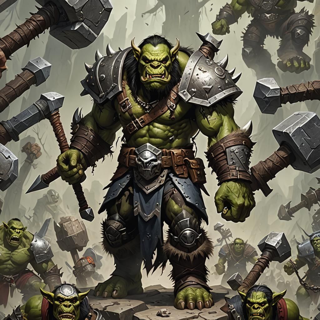 Menacing Orc Warrior with War Hammers in 5E Style