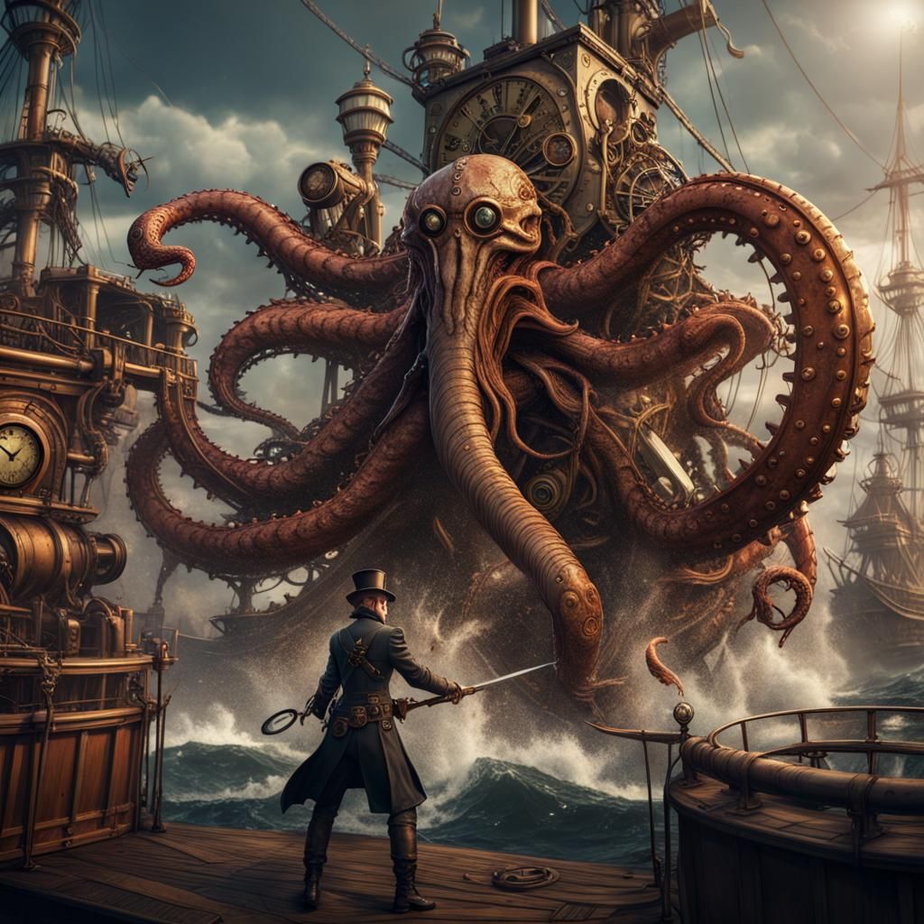 Steampunk Warrior vs Kraken in Intricate Detail