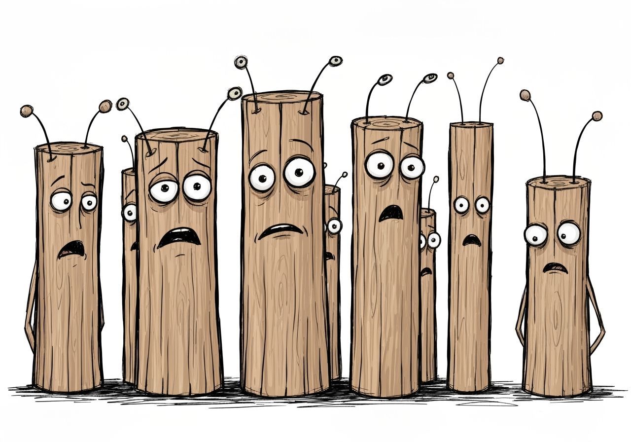 Cartoonish Wooden Beings with Many Eyes in Bold Sketch Style