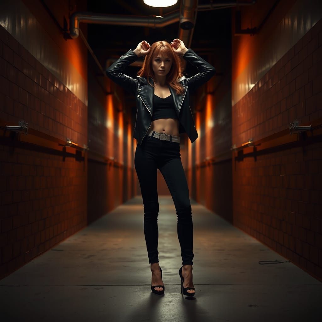 Confident Red-Haired Fashion Model in Dramatic Hallway