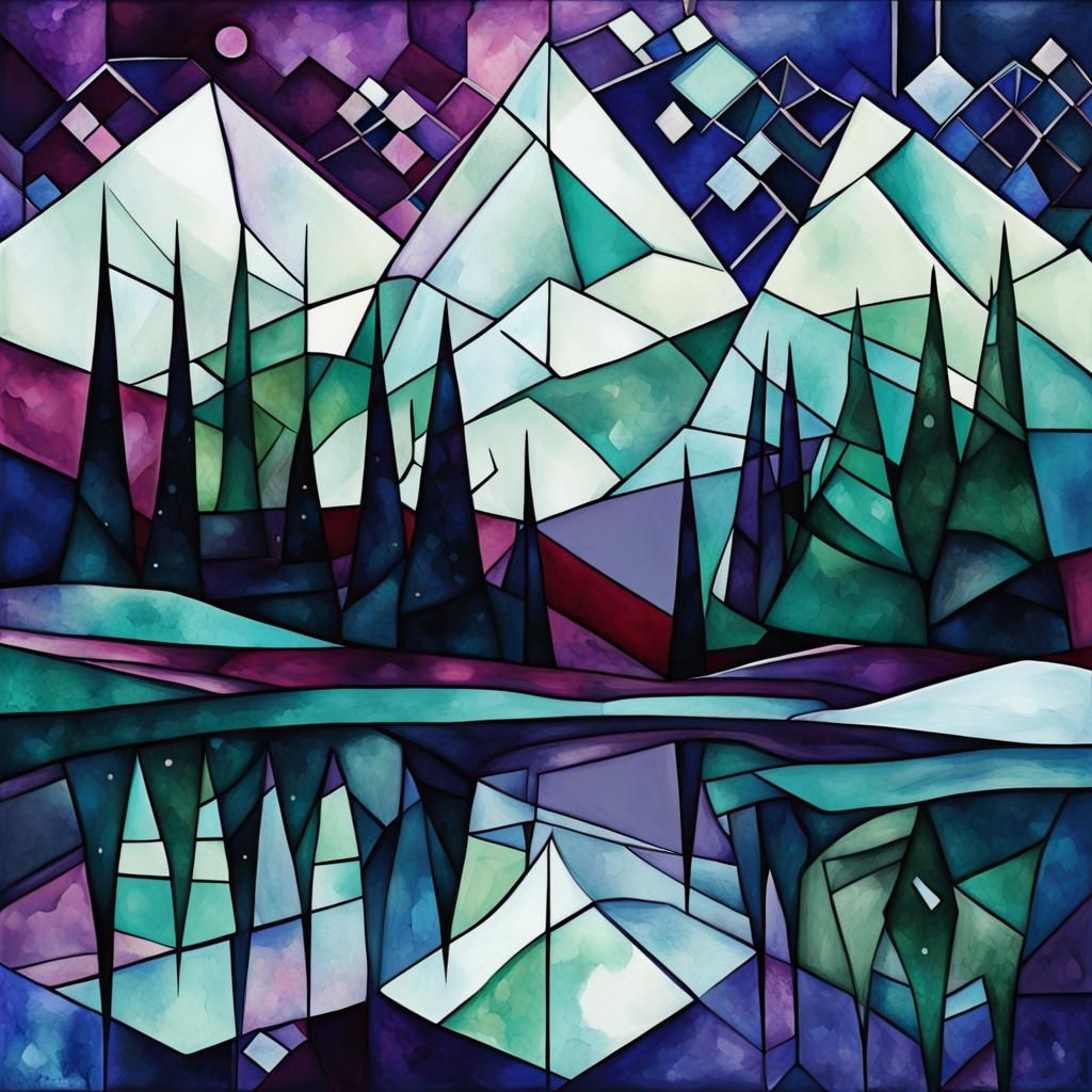 Alcohol Ink :: Spruce Tree :: Frozen Mountain Lake :: Dark Blue, Reddish Purple, Pine Green, Dull Violet :: Starry Night...