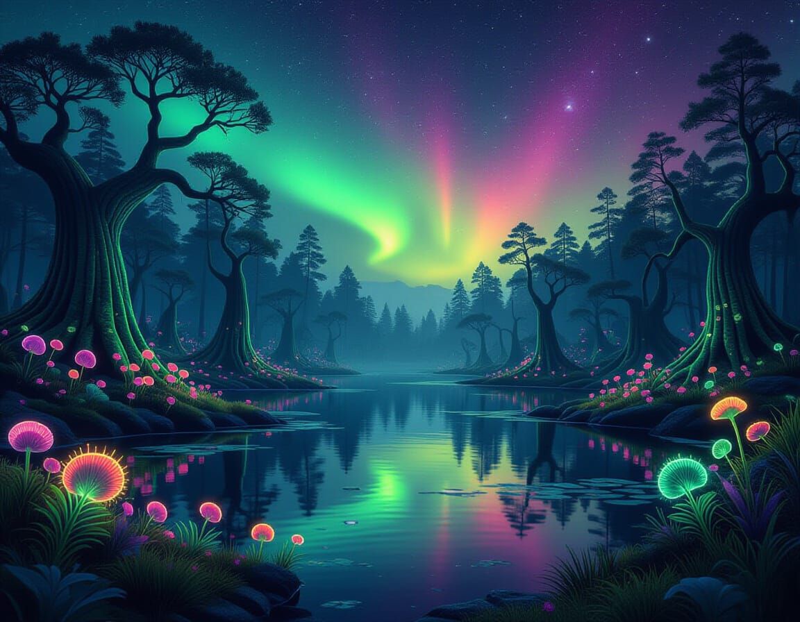 Neon Alien Forest Dreamscape with Aurora