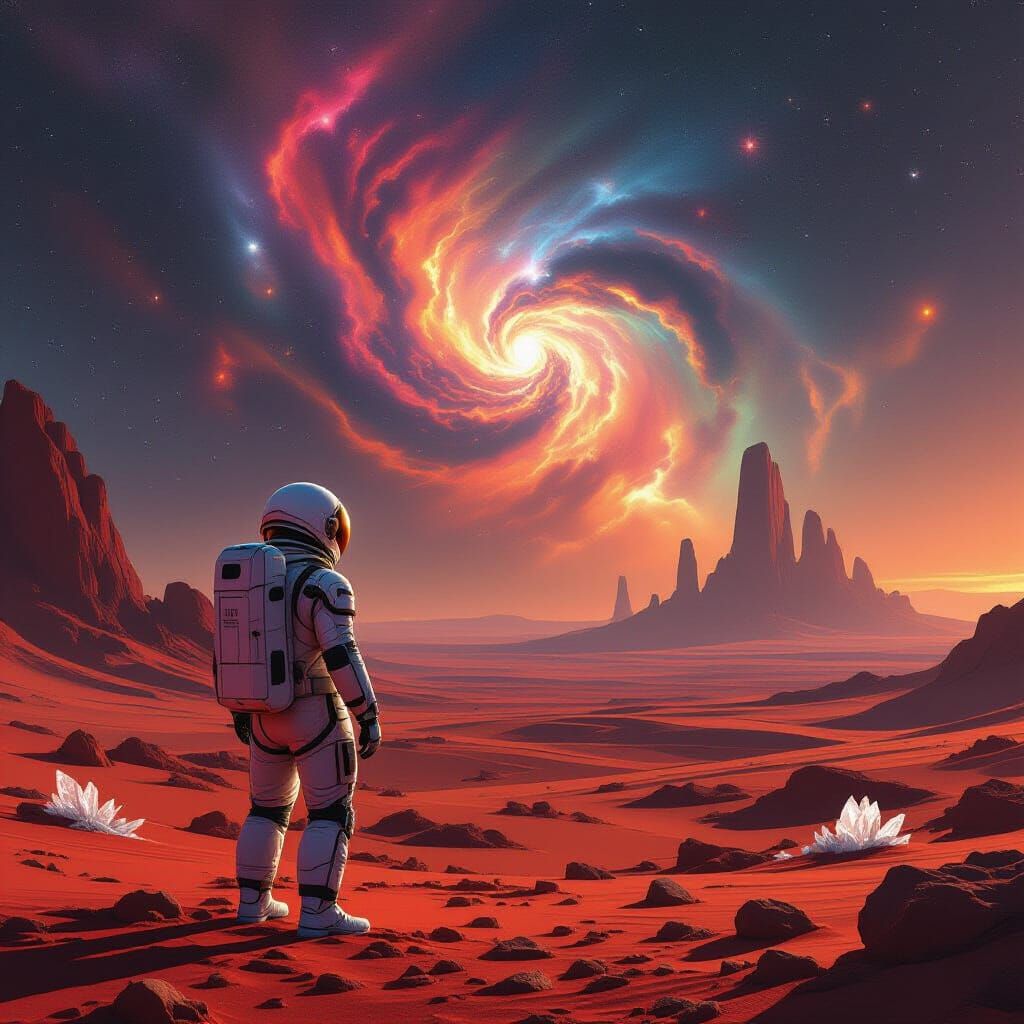Astronaut on Crimson Planet Gazing at Nebula