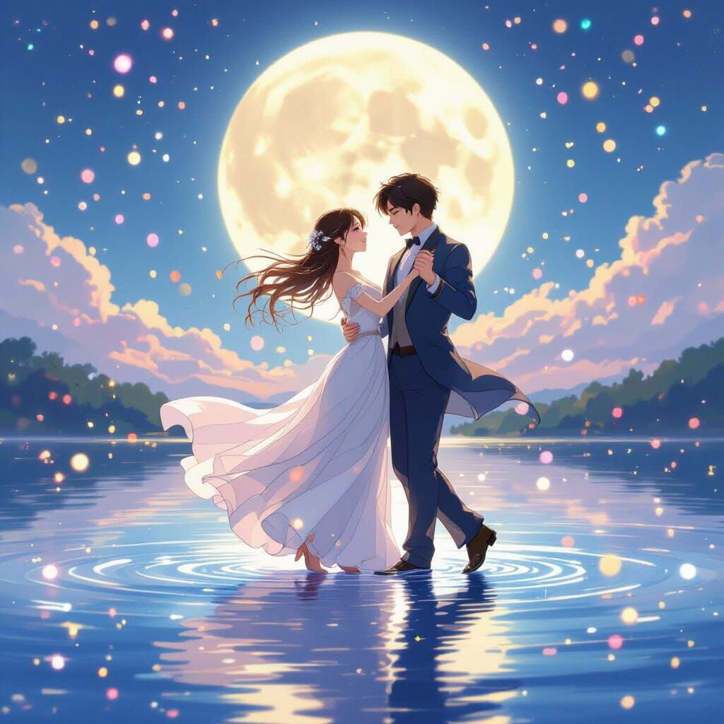Elegant Couple Dancing on Moonlit Lake, Anime Style