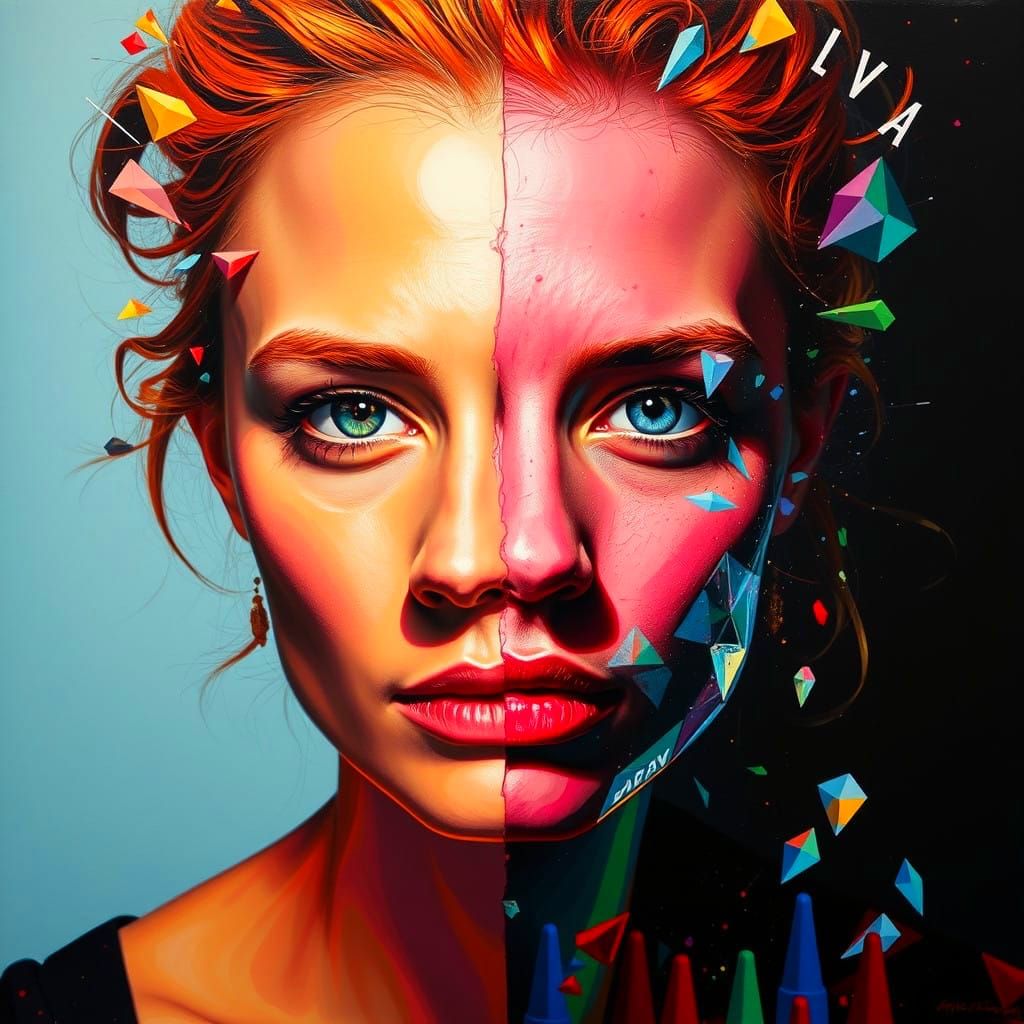 Vibrant Double Exposure Portrait in Exploded Oil Style