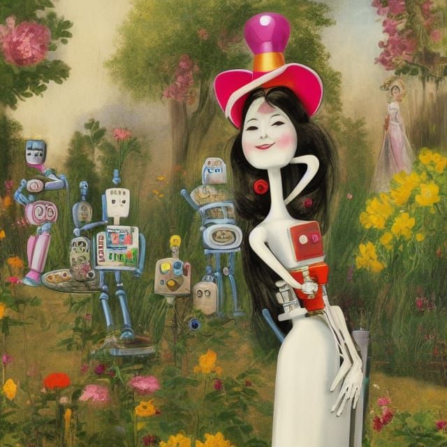 Robot Lady's Garden Party: A Surreal Scene