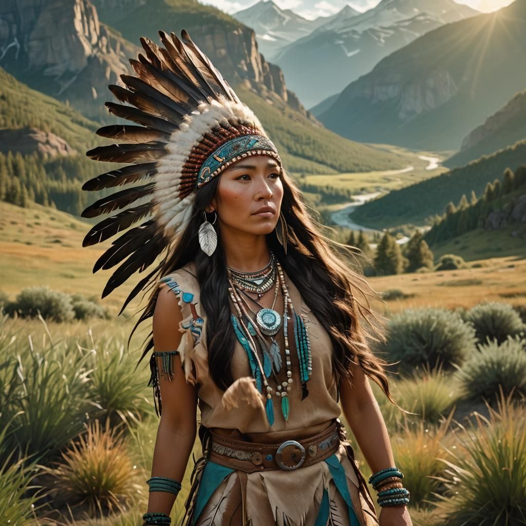 A hyperrealistic Photo of a young Native American girl with long, dark hair, standing in a verdant field surrounded by m...