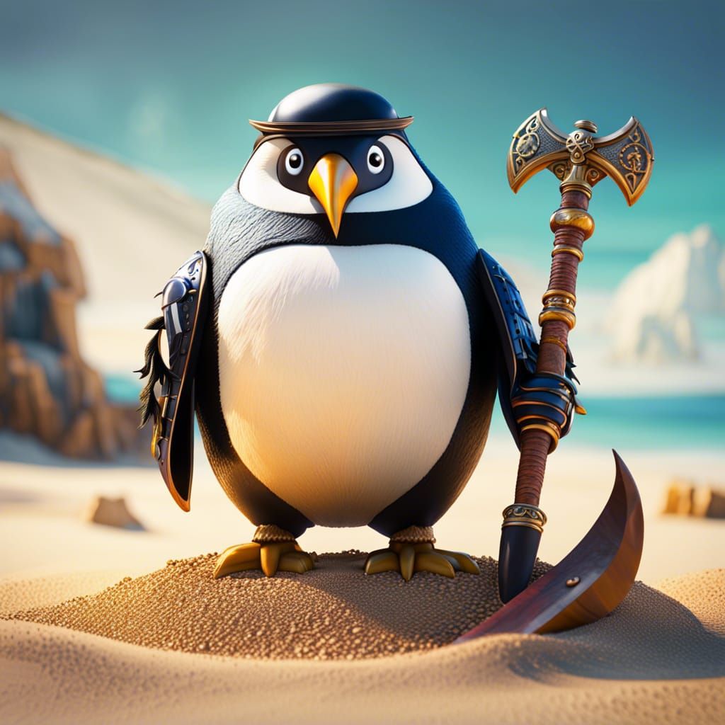 Pirate Penguin Digging Treasure: Synthetism Digital Art