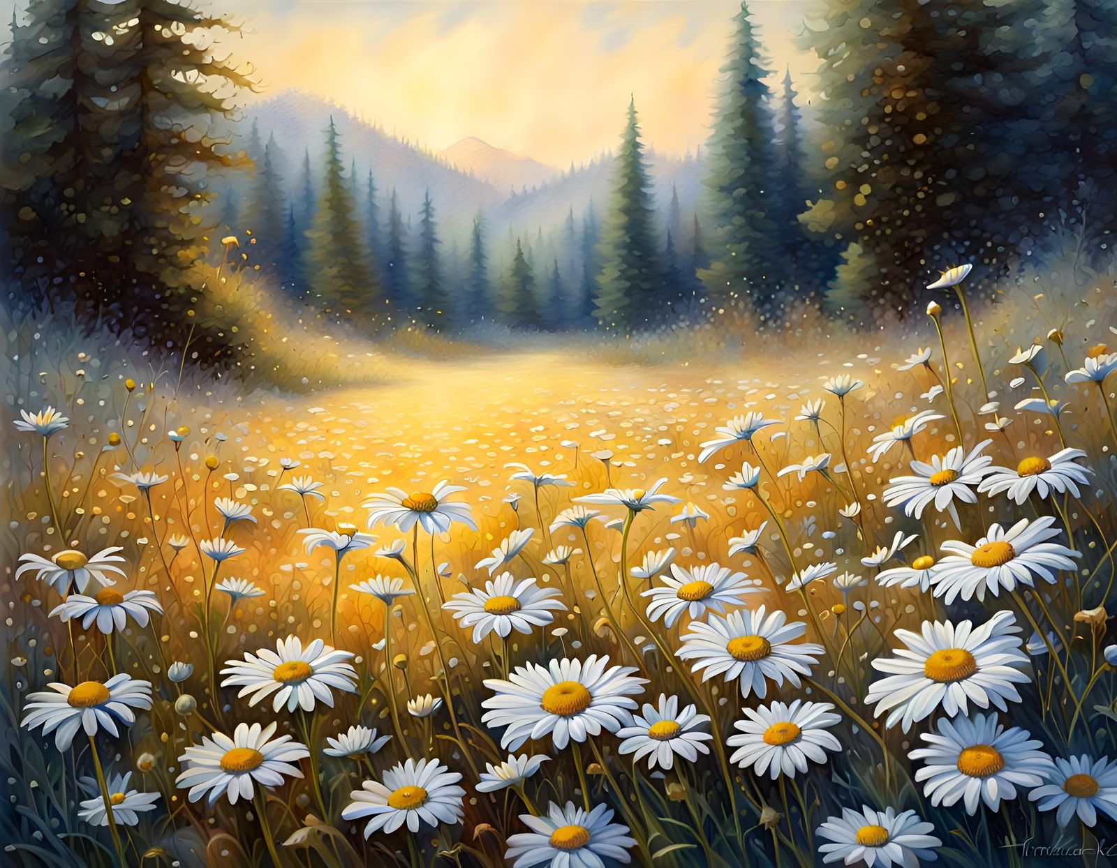 Hyperrealistic Daisy Field in Watercolor Style