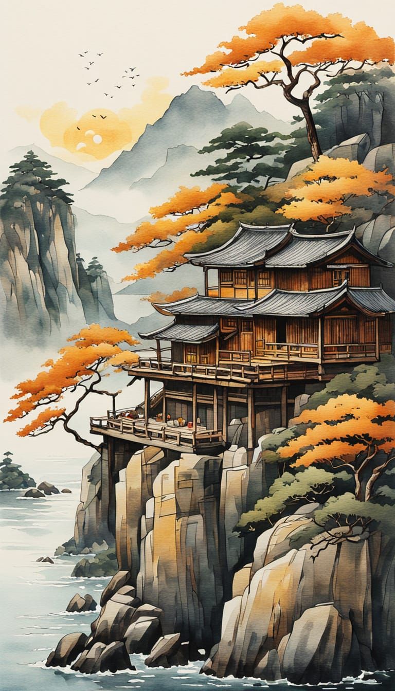 Serene Asian House on Rocky Cliff in Woodblock Style
