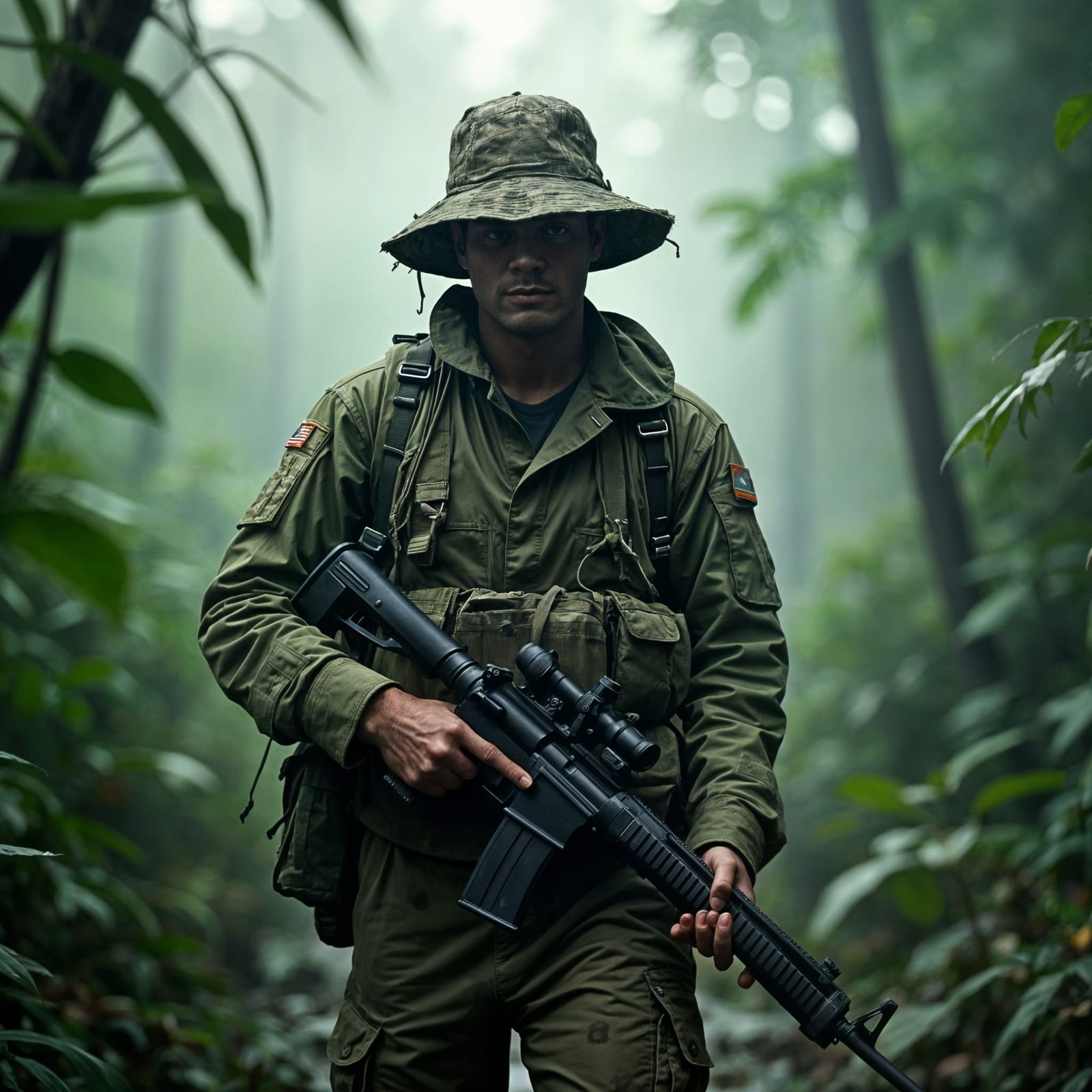 Navy seal soldier with a military jungle hat in the viet nam jungle, tiger camouflage uniform, jungle hat, fog of war , ...
