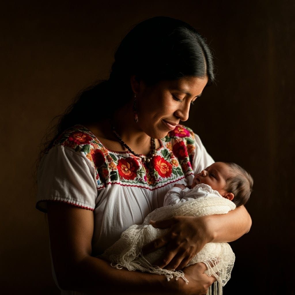 Warm Hispanic Mother Tenderly Holds Newborn in Golden Light