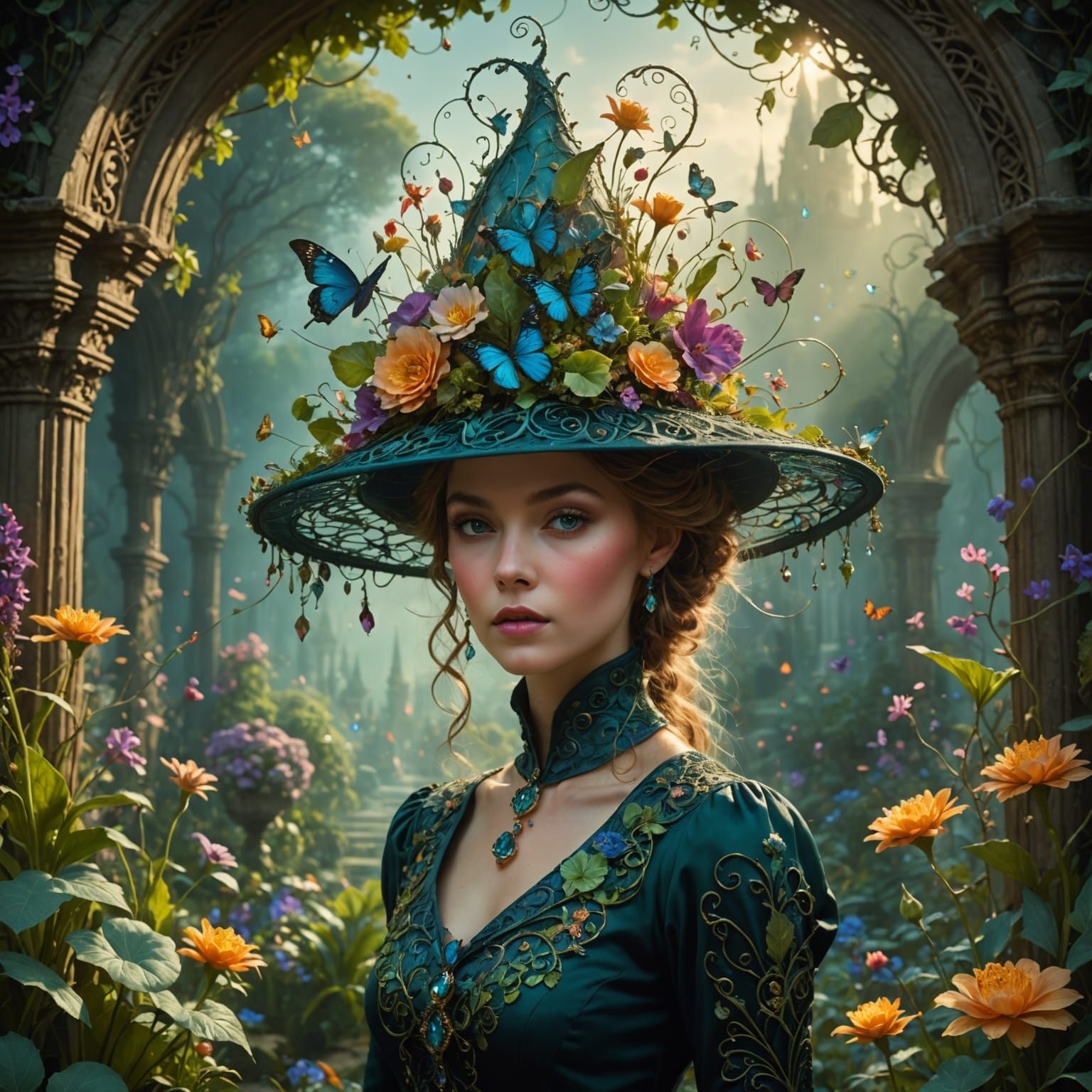 Mystical Garden Portal Hat: Cell-Shaded Illustration