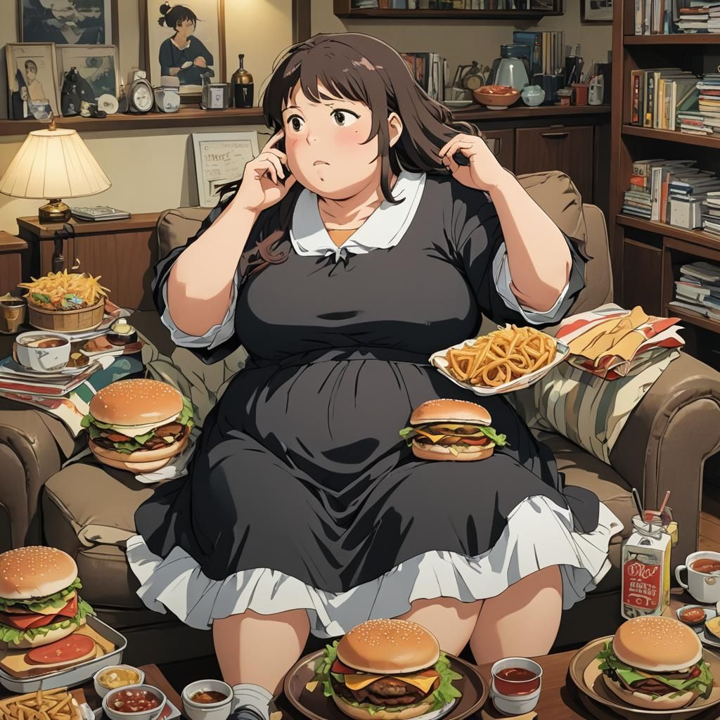 Morbidly Obese Anime Girl Eating Hamburgers