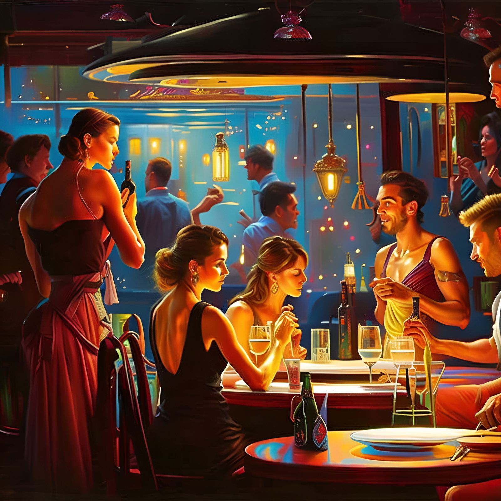 Astronaut at Night Cafe: Oil Painting Masterpiece