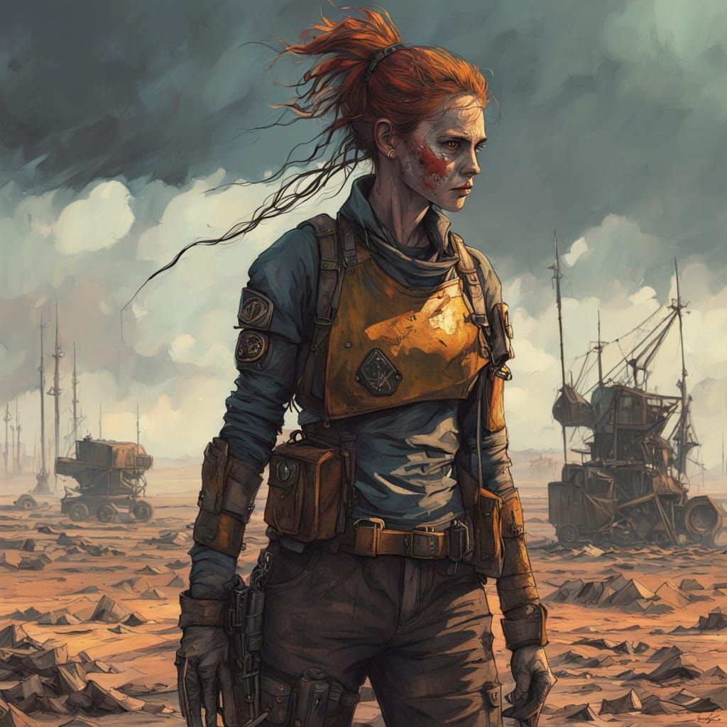 Steampunk Warrior Stands Resolute Amidst Desert Battlefield