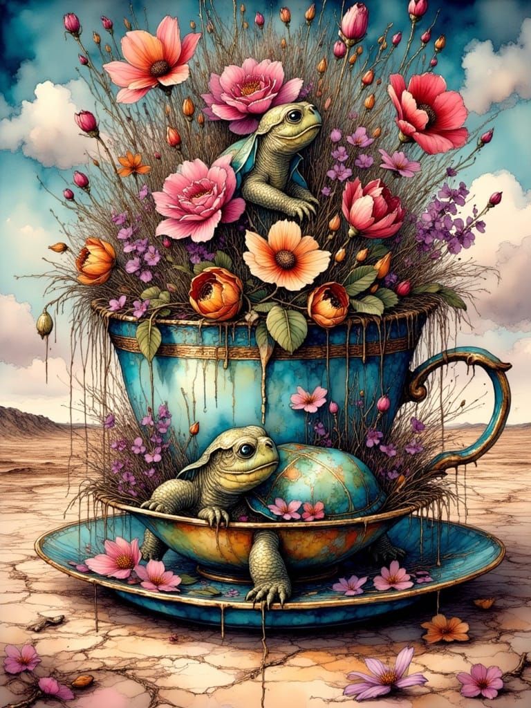 Giant Teacup Jungle With Alien Turtle Surrealism Painting