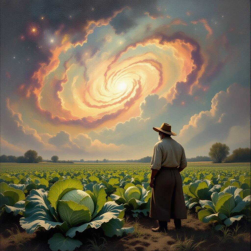 Wise Cabbage Farmer Under Cosmic Sky