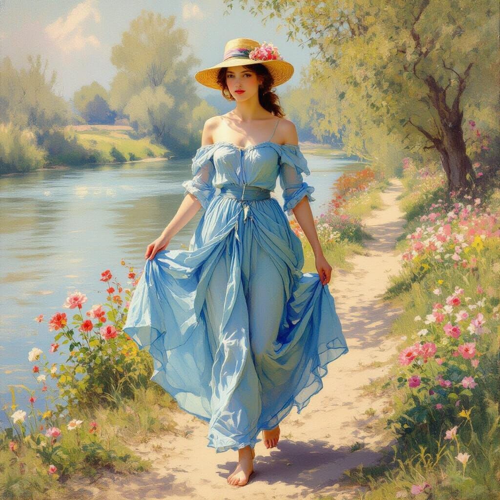 Man in Blue Dress Walks Riverbank in Bloom