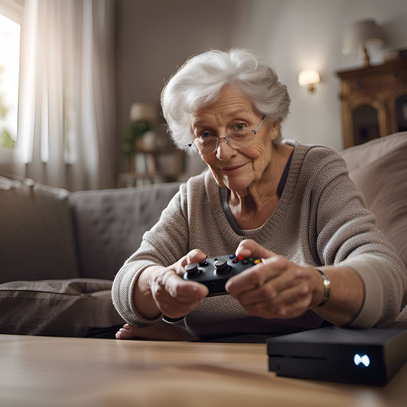Elderly Woman Immersed in Xbox Gaming