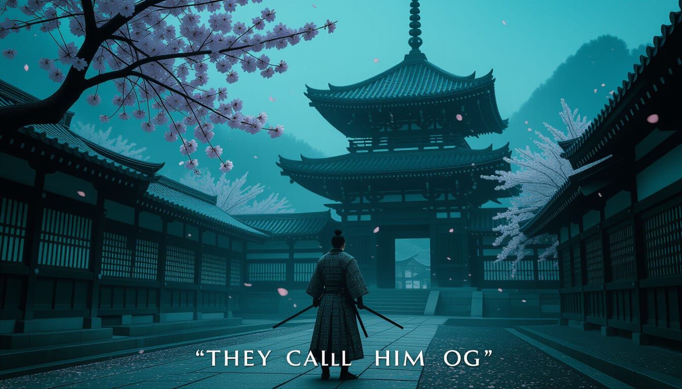 Samurai Temple in Cinematic Style with Falling Blossoms