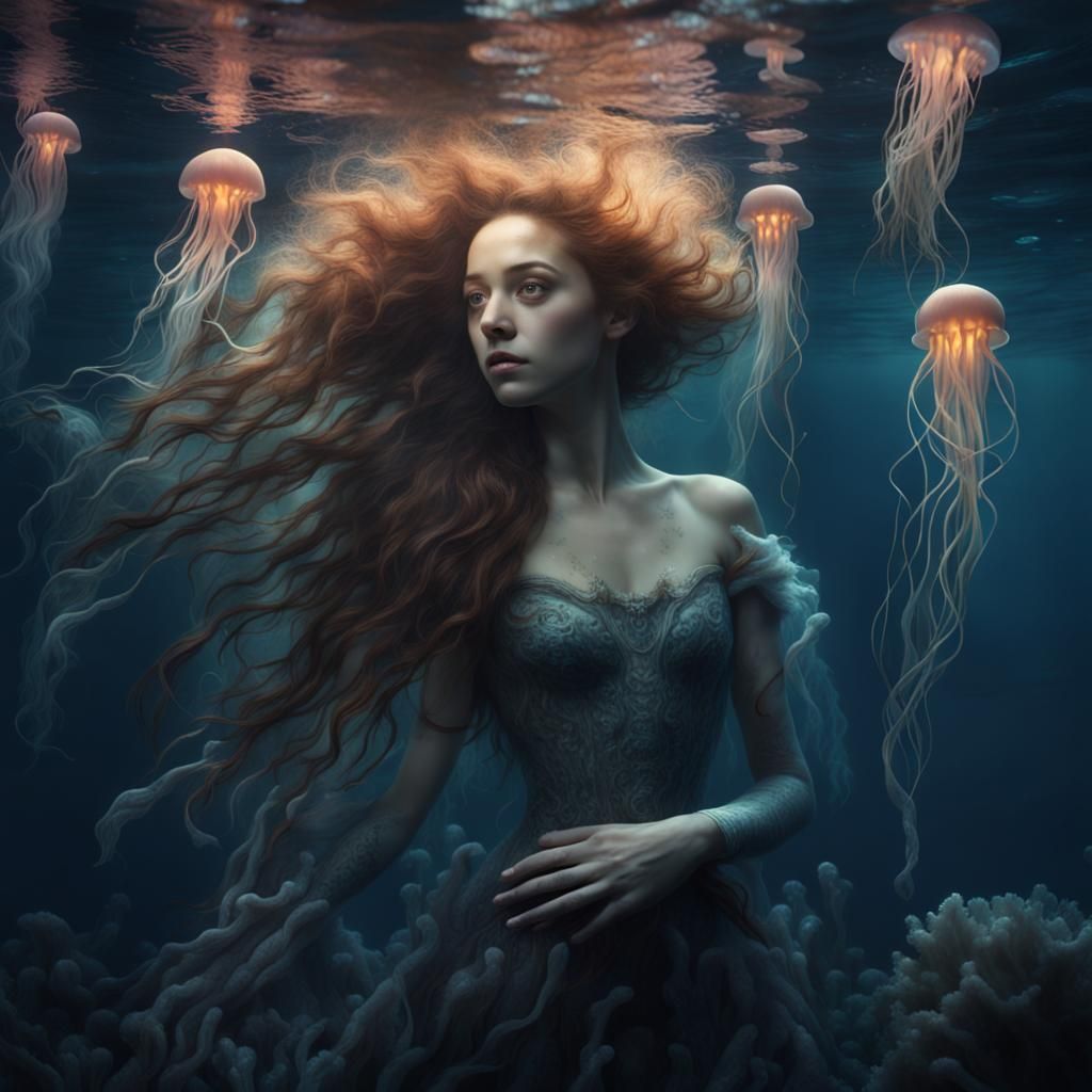 Ophelia Surrounded by Jellyfish in Dark Sea