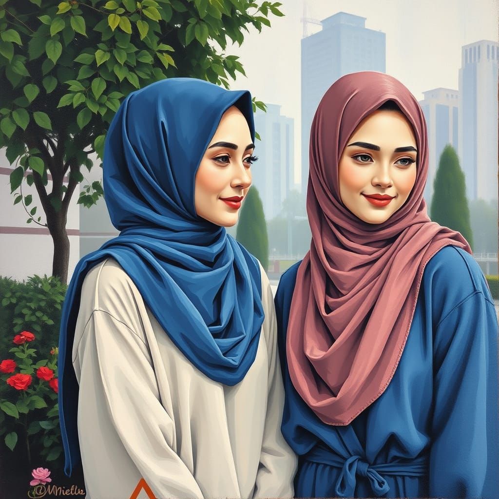 Two Friends in Modest Fashion Oil Painting
