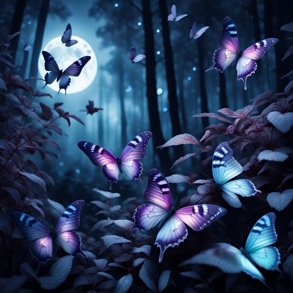 Fluorescent Butterflies Shimmering in a Moonlit Forest