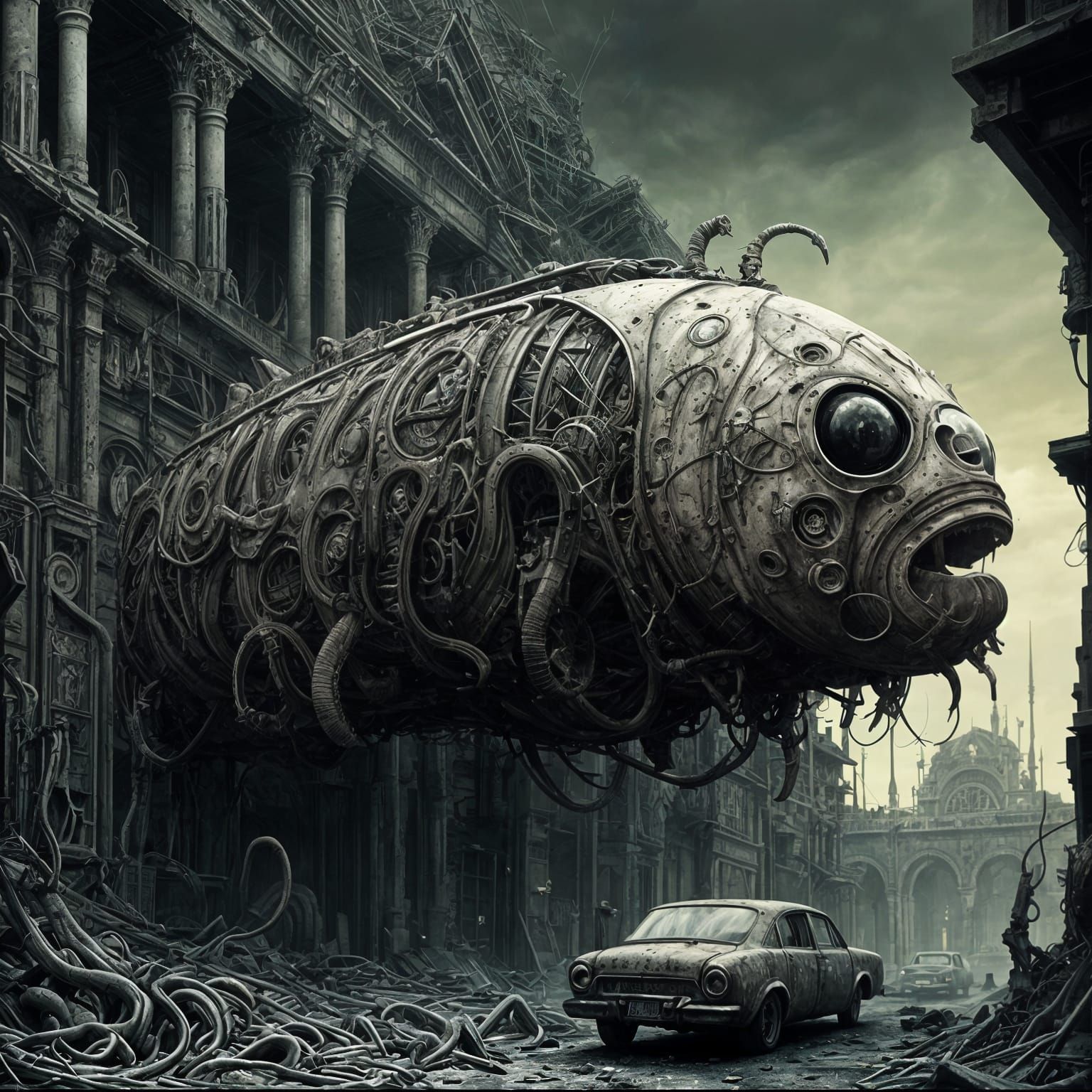 Surreal Movie Poster: Bus-Fish Motorcycle on Roman Ruins