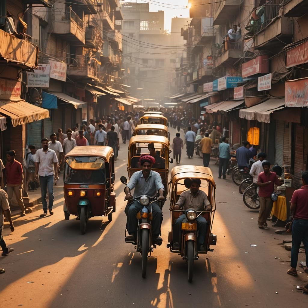 Delhi Street Photography: Rickshaw in Crowded Cityscape