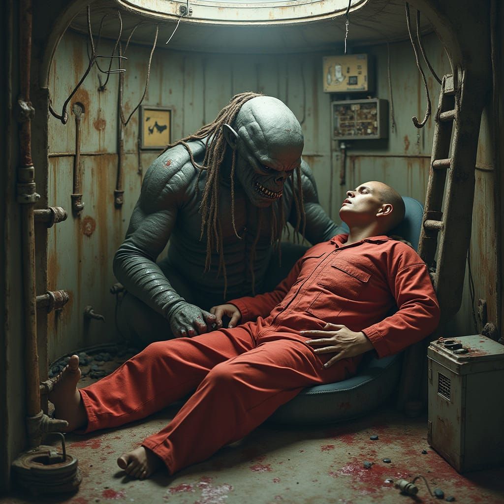 Monstrous Creature in Circular Chamber with Human