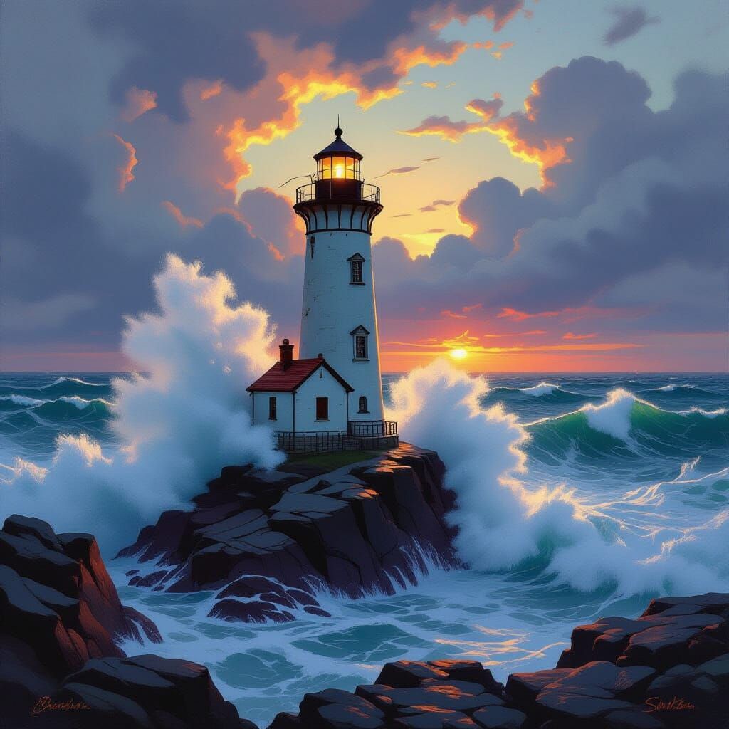 Lighthouse in Stormy Seas, Dramatic Landscape Painting