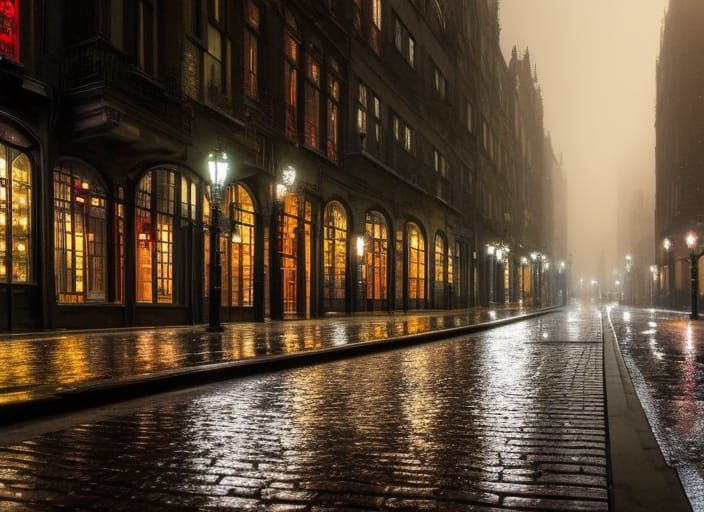 Rainy Steampunk City Street: A Photorealistic Oil Painting
