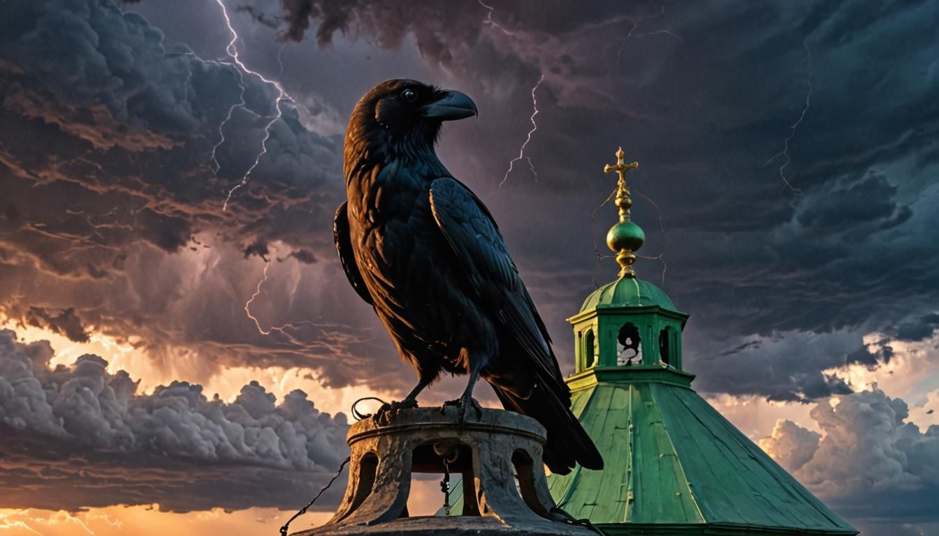 Green-Eyed Raven in Bell Tower During Toxic Sunset