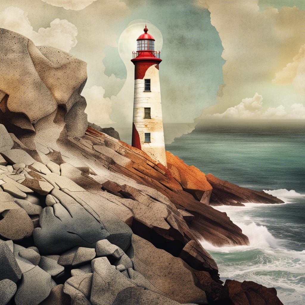 Lighthouse on Rocky Coast: Dadaism Mixed Media