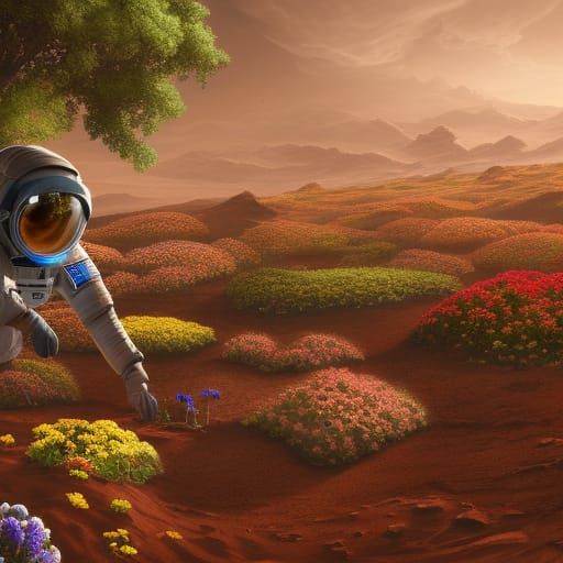 Astronaut Gardening on Mars with Colorful Flowers