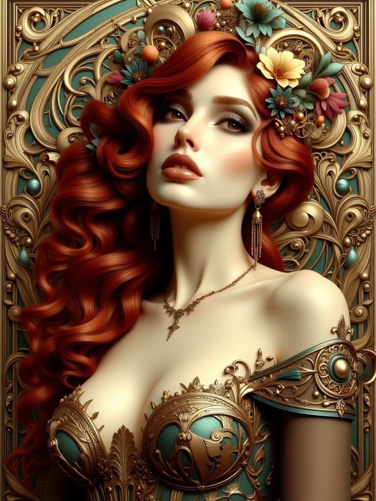 Art Nouveau Woman Portrait with Flowing Red Hair