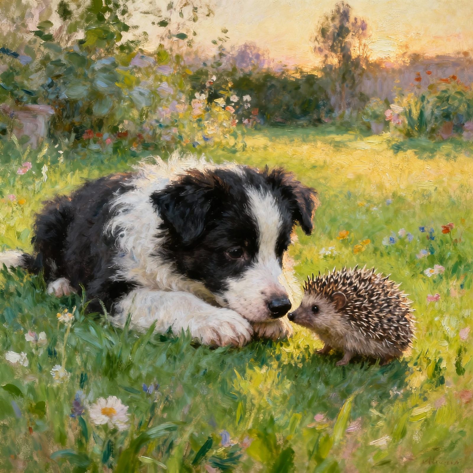 Border Collie Puppy Sniffing Hedgehog on Lawn
