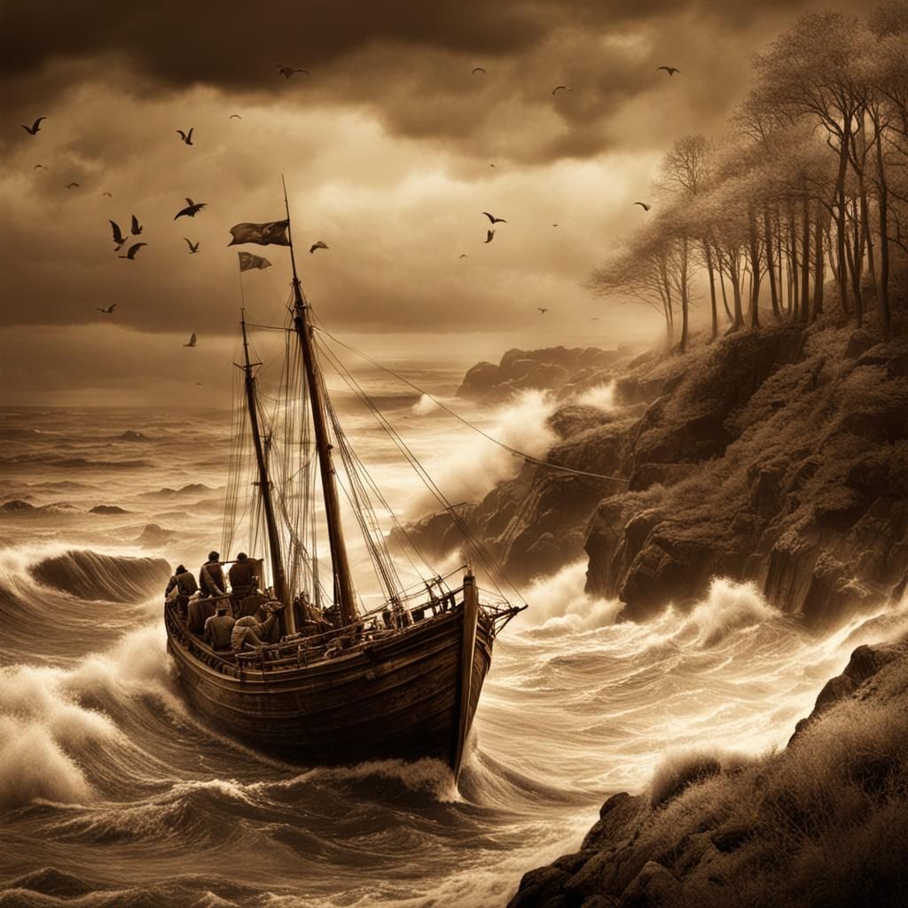 Seascape Forest Path with Wizard Tower in Sepia Tones